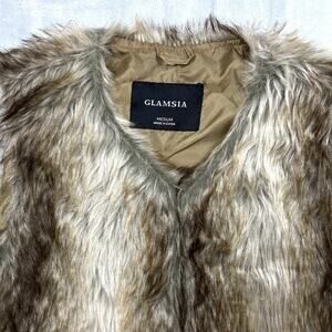 Boho Glam Faux Fur Vest Sz M Variegated Brown Silver Fox Hippie Party Rock Star